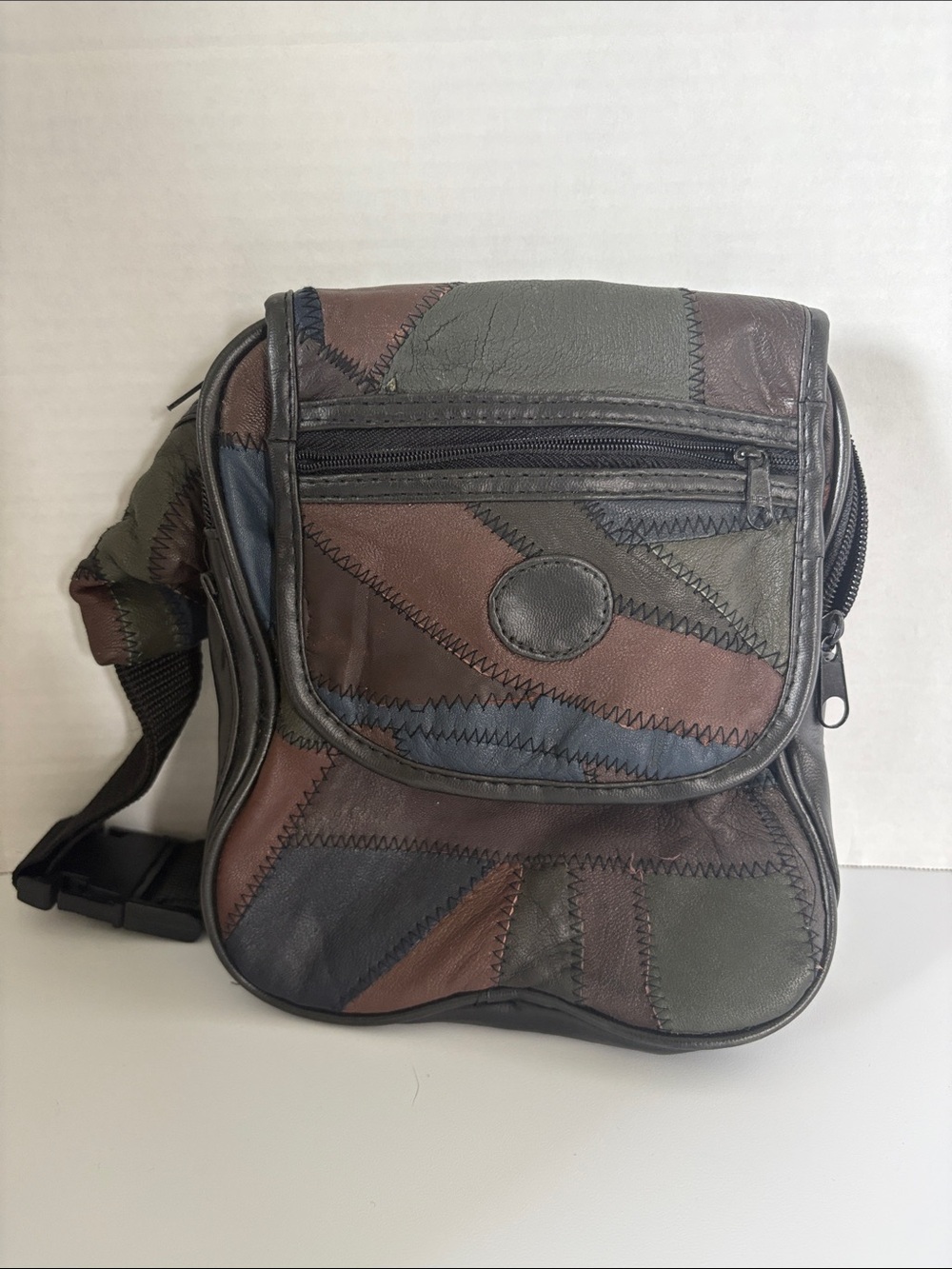 Mens‎ Patchwork Leather Crossbody Bag - Brown/Green/Black